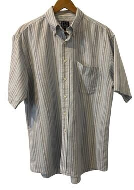 100% Linen-Jos A Bank Shirt Mens Blue Striped Short Sleeve Button Down